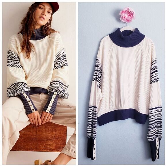 Free People Get Cozy Swit Sweater Ivory and Navy - Picture 1 of 8